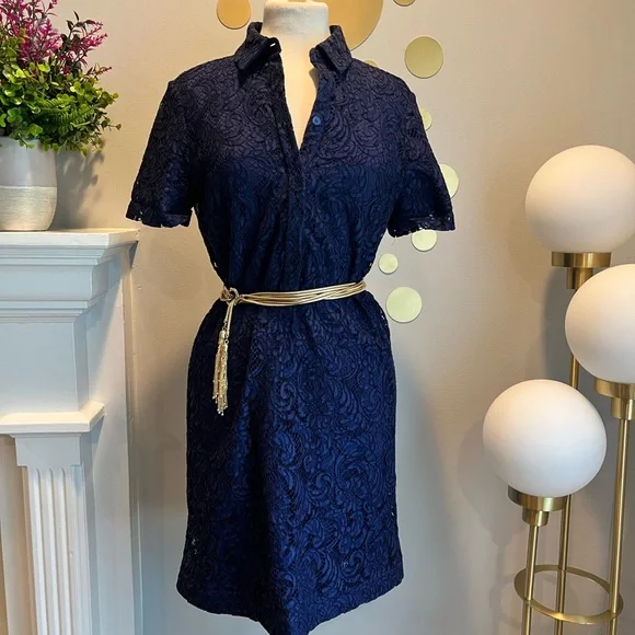 Burberry Ladies Navy Blue Floral Lace Shirt Dress - Picture 5 of 11